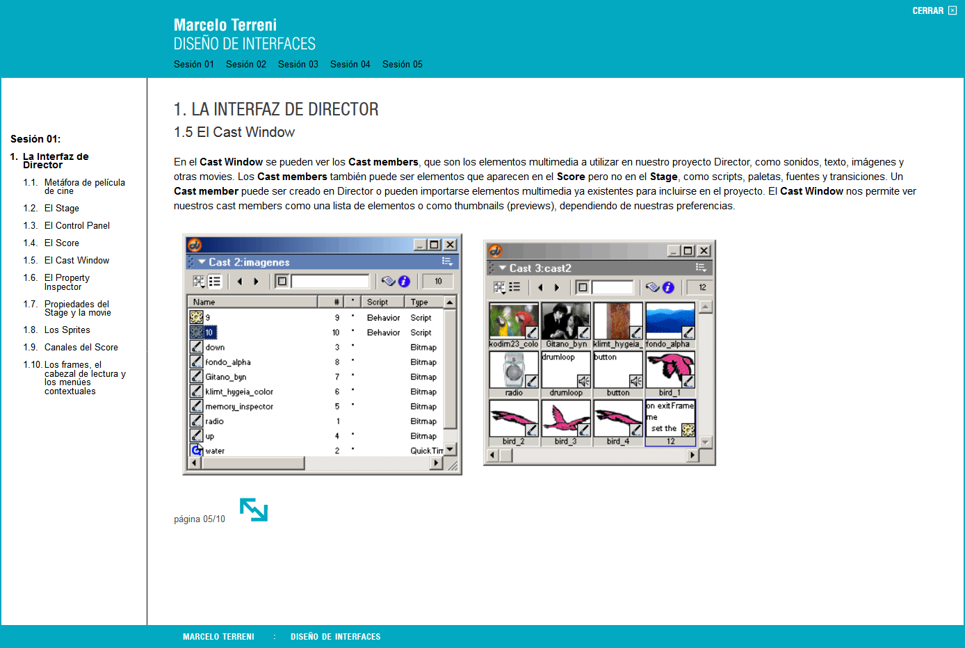 Captura de pantalla de un tutorial con un menú sobre la izquierda y dos capturas de pantalla de la interface de Director con texto explicativo en el área principal de texto